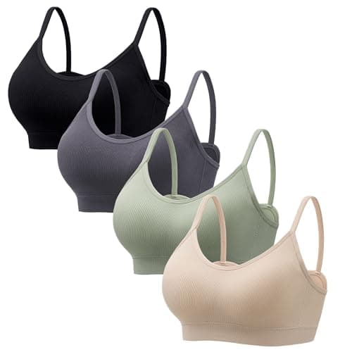Image of HBselect 4 Pack Non Wired Bras for Women V Neck Wireless Bralettes Seamless T-Shirt Bras with Removable Pads Wirefree Bras for Ladies Girls Black/Dark Grey/Beige/Green