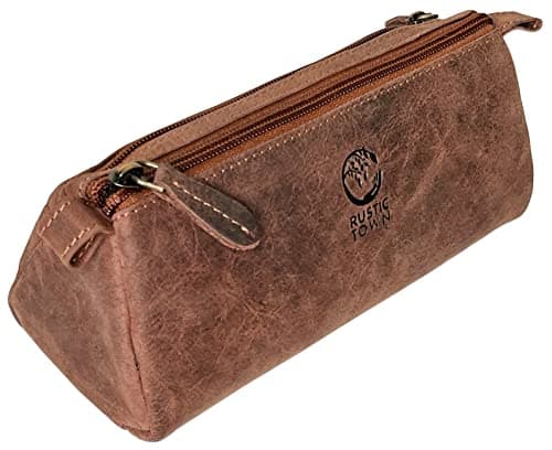 Image of Leather Pencil Case - Full Grain Leather Zippered Pen Pouch - Stationery Bag Pen Holder for Work & Office