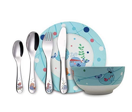 Image of EXZACT 6-Piece Children's Dinner & Cutlery Gift Set, Stainless Steel & Porcelain | Includes Bowl, Plate, Dinner Knife, Fork, Teaspoon & Tablespoon, Dishwasher Safe - Sea Creatures