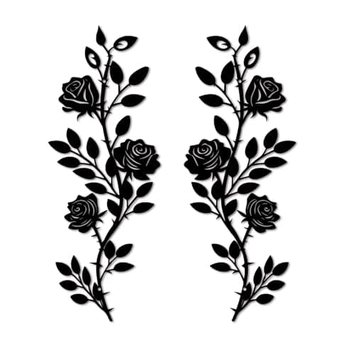 Image of DUOOLN 2 Pcs Metal Rose Tree Leaf Wall Decor, Long Iron Scroll Vine Wall Art, Rustic Hanging Sign Flowers Sculpture, For Above Door Living Room Office Indoor And Outdoor Decoration - Black