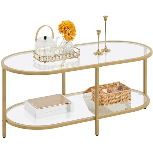 Image of Yaheetech Glass Coffee Table, Oval Coffee Tables for Living Room, Modern 2-Tier Center Table with Storage Shelf & Metal Frame for Small Space, Office, Gold