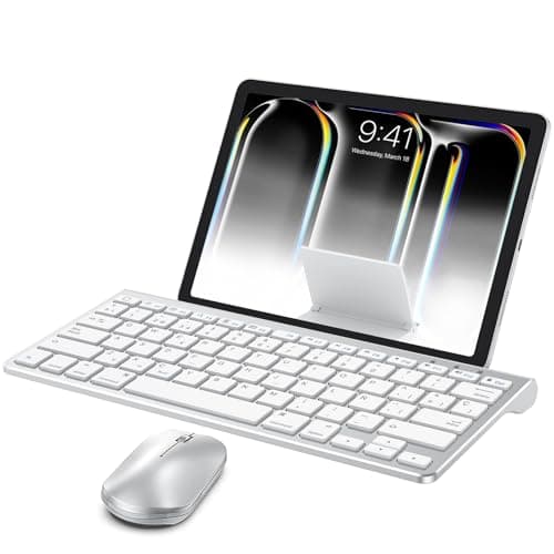 Image of OMOTON Bluetooth Keyboard and Mouse Set Compatible with all iPad Series. With Foldable Bracket, Light and Easy to Carry, Suitable for Business Travel/Home/Office, Silver