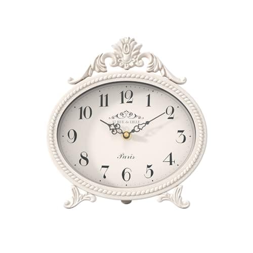 Image of Abdurey Vintage Table Clock on Stand,Desk and Shelf Decorative Clock,French Rustic Style Mantel Clocks,Metal Frame Antique White Finish,Farmhouse,Bedroom, Bedside,Living Room,Gift Clocks