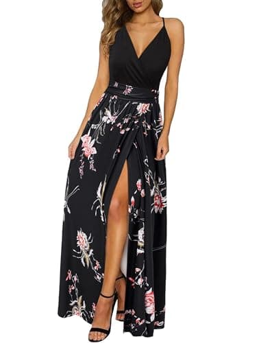 Image of Newshows Women's Summer V Neck Spaghetti Strap Sleeveless Casual Split Long Maxi Wedding Guest Dress Floral 26,M