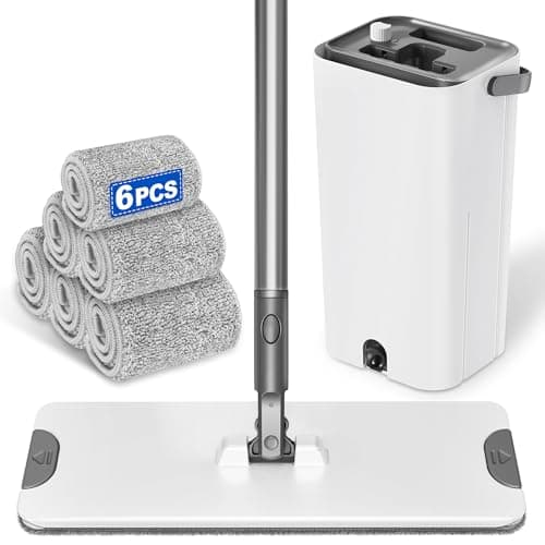 Image of ILAVCLEAN Floor Mop and Buckets Sets: Flat Head with 6 Reusable Microfibre pads for Dry Wet Cleaning - Housewife Dust Mop for home Bathroom Kitchen Laminate Wooden Floor