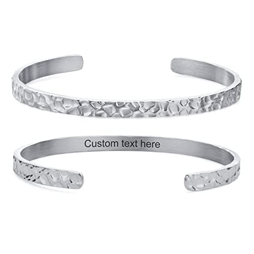 Image of FLHEART Personalised Cuff Bangle Bracelet for Women - Stainless Steel Stylish Hammered finish Boho Style Bangle Cuff Bracelet for Women Girl, Customised Secret Message Gift for Her, Silver