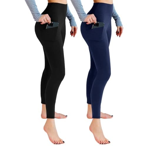 Image of Leafigure 2 Pack Gym Leggings for Women High Waist Opaque Leggings with Pockets for Workout Sport Yoga Running Black/Navy Blue SM