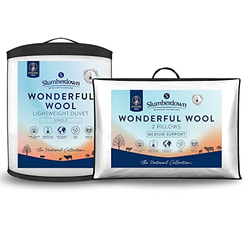 Image of Slumberdown Wonderful Wool Single Duvet - Temperature Regulating 3-5 Tog Lightweight Cool Quilt Night Sweats, 2 Wool Pillows - 100% British Wool, Cotton Cover, Easy care, Size (135cm x 200cm), White