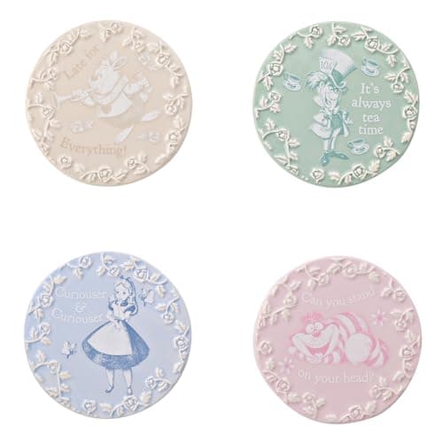 Image of Disney - Alice in Wonderland - Ceramic Blue, Pink, Green & Cream Coasters - Alice, Mad Hatter, Cheshire Cat & White Rabbit - Decor & Homeware for Kitchen, Garden Party & Dining W: 10cm x D: 10cm.