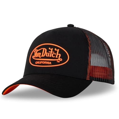 Image of Von Dutch Neon Logo Trucker CapDutch Women/Men - Cap Baseball mesh Snapback, with Peak, Peak All-Season Spring Summer Autumn Winter - One Size Black-Orange