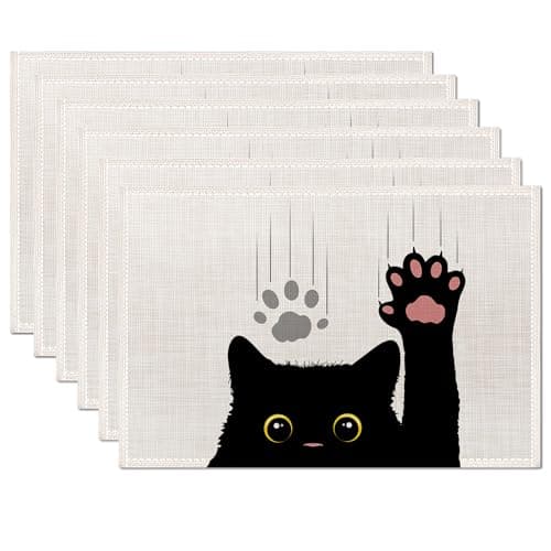Image of Cute Black Cat Placemats Set of 6,Table Mats Non-Slip Heat Resistant Washable Placemat for Party Kitchen Dining Table Decoration Indoor Outdoor