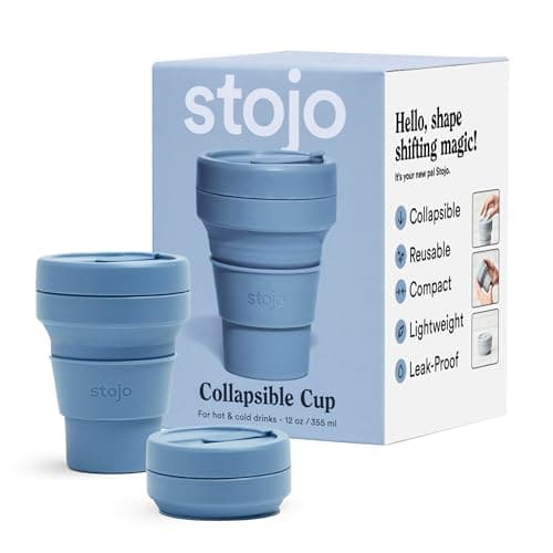 Image of STOJO On-The-Go Collapsible Coffee Cup - 12oz / 355ml - Reusable & Foldable Silicone Travel Mug with Lid - Portable, Pocket Size - Dishwasher Safe - Steel Blue