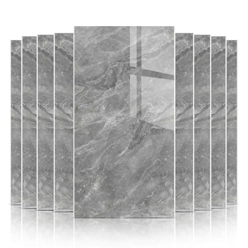 Image of Daisy Dreams Pack of 10 Grey Marble Tile Stickers 60x30cm Thicken Wall Tiles Self Adhesive,Peel and Stick Waterproof Vinyl Marble Tiles for Living Room (10, Grey)