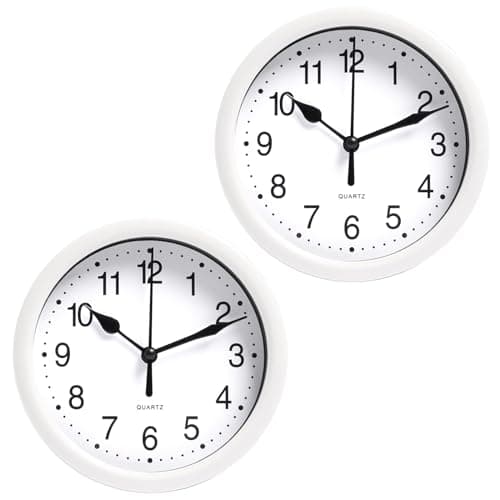 Image of OHS 6 inch Wall Clocks Set of 2, Battery Operated Small Round Wall Clocks for Living Room Bedroom Office School Modern Home Decorative Large Numbers Easy To Read Kitchen Clock, White