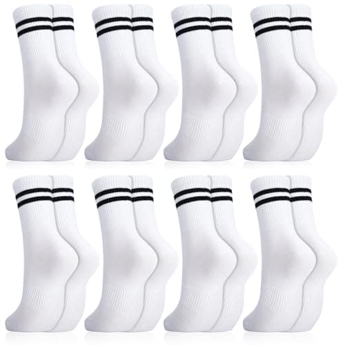 Image of Zuimei 8 Pairs White Ladies Sports Socks, Cotton Breathable Women Crew Ankle Socks Moisture Striped Mid-Calf Athletic Sock Multipack for Girls, Size 4-6