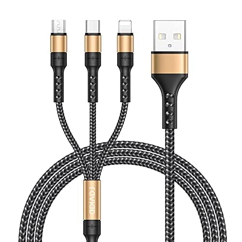 Image of RAVIAD Multi Charger Cable, 3 in 1 Charger Cable [2M] Multiple USB Cable Nylon Braided with Micro USB Type C Lightning Cable Connector for iPhone, Android Samsung Galaxy, Huawei, Oneplus, LG-Gold