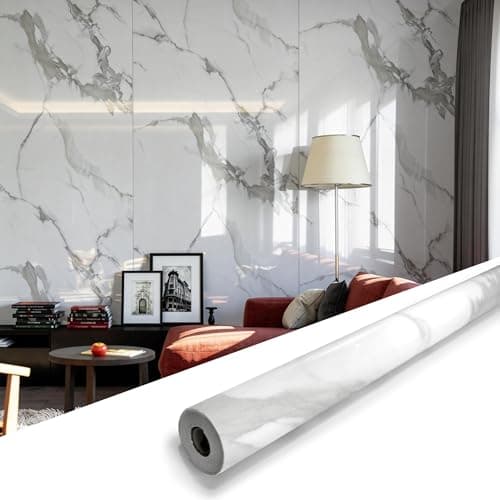Image of sunwings Marble Peel and Stick Waterproof Wall Paneling, 120cm x 300cm Carrara White Glossy Finish Self-Adhesive Backsplash Tile Vinyl Wall Panel for Kitchen Bathroom Wall Decor