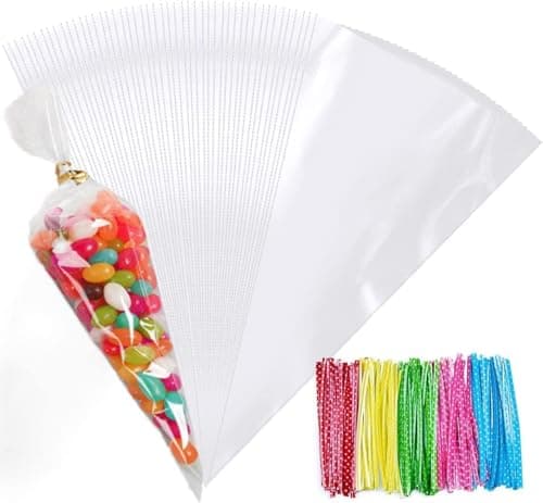 Image of FOLKSNSHOPS 100pcs Clear Cone Bags, 14x26cm, Cellophane with Ties for Party Supplies, Sweets, Biscuits Displaying & Wrapping on Birthday Parties and Festivals