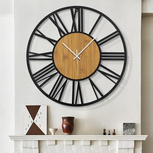 Image of HAITANG Large Wall Clocks,Silent,Non Ticking,Battery Operated Big Retro Round Modern Wood Wall Clock for Living Room, Bedroom,Dinning Room,Farmhouse,Office,Home Decor-20IN(50cm, Black,Roman numeral)
