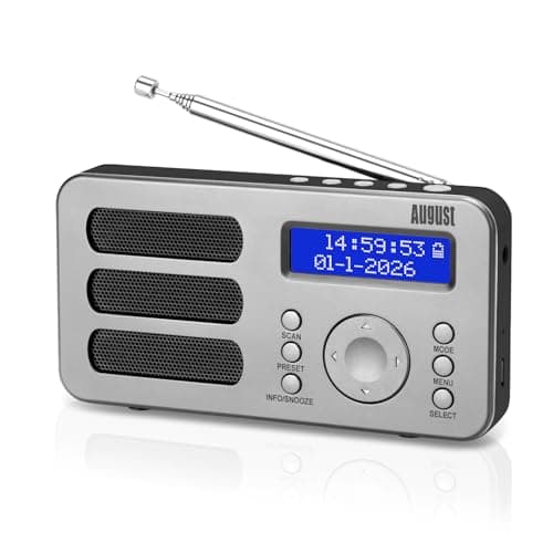 Image of August MB225S Portable DAB/DAB+/FM Digital Radios – Rechargeable Small Radio with 40 Station Presets, RDS, Dual Alarm Clock with Snooze and Sleep Timer, 4 One-Touch Preset Buttons, Aux Out – Silver