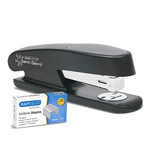 Image of Rapesco 1482 ECO Sting Ray Stapler and 1000 x 24/6 mm Staples, 20 Sheet Capacity, Antibacterial Protection, Black