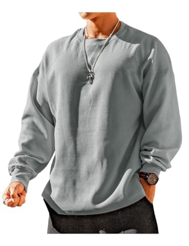 Image of YCHSXAIZ Men's Loose Fit Waffle Long Sleeve Sweatshirts Classic Crewneck Pullover Jumper Color Grey Size L