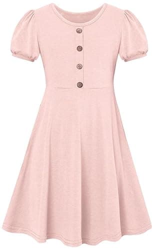 Image of SFreeBo Pink Cotton Dress for Girls 12-13 Years - Casual Lantern Short Sleeve Pullover T-Shirt Tunic with Elasticity for Kids