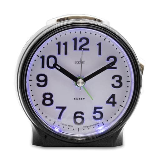 Image of Acctim Eden Non-Ticking Sweep Alarm Clock, White Face with Blue Backlight (Black)