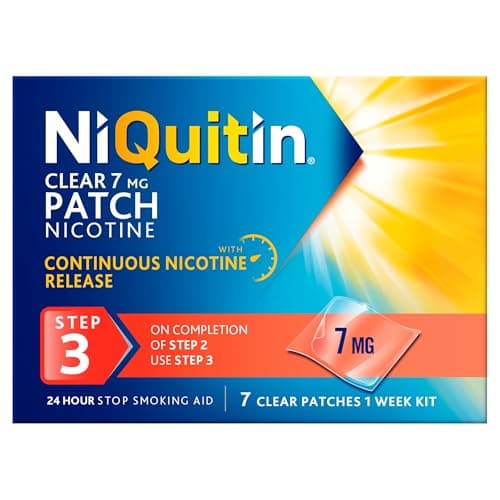 Image of NiQuitin 7mg Nicotine Patches (Step 3-7 Clear Patches) - 24 Hour Craving Control - 1 Week Treatment Patches to Quit Or Reduce - Discreet Transparent Stop Smoking & Vaping Aids