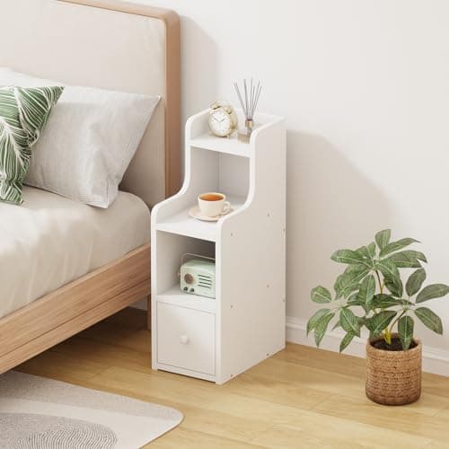 Image of Menaka Slim Bedside Table Wood Drawers Cabinet Nightstand, Small Side Table Narrow Sofa Bed Side Table with Drawer and Shelves for Bedroom Living Room (White#1)