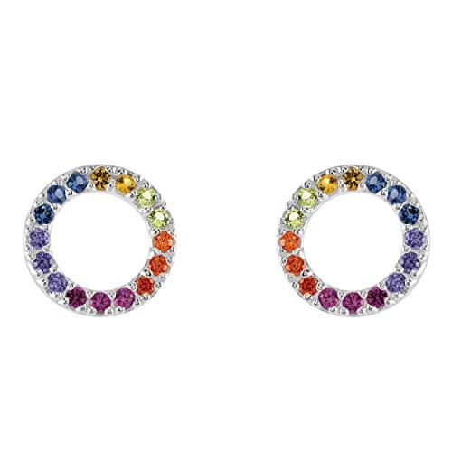 Image of DEW Rainbow Circle Stud Earrings – Sterling Silver, Pavé Multi Colour Cubic Zirconia, Simple and Classic Geometric Design
