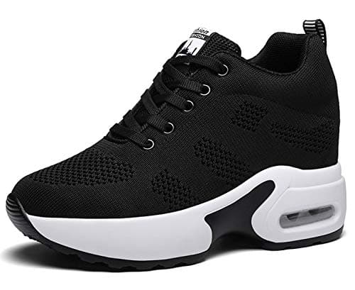 Image of AONEGOLD Womens Wedge Shoes Walking Trainers Mesh Breathable Running Sneakers Platform Casual Shoes Heel 8CM (Black,6 UK)