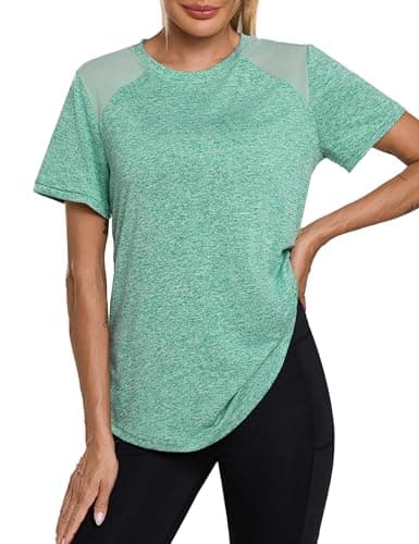 Image of Terecey Short Sleeve Gym Tops for Women Round Neck Breathable Mesh Workout Athletic T-Shirts Ladies UK Quick Dry Sports Pilates Tee Activewear, Green M
