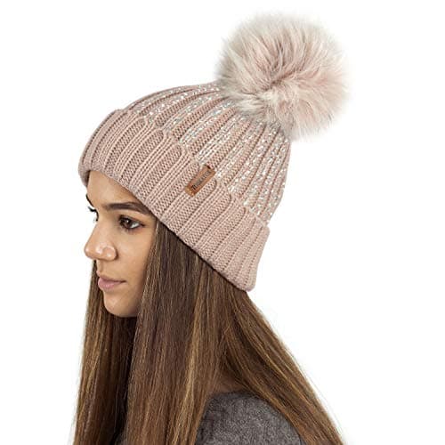 Image of TOSKATOK Ladies Womens Girls Ribbed Knit Winter Beanie Bobble Hat with Stylish Silver Gold Metallic Foil Print & Large Faux Fur Pom Pom
