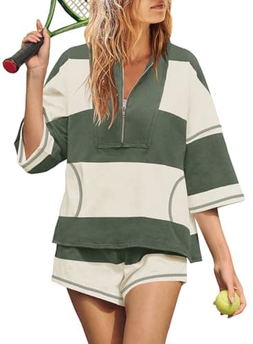 Image of Yanekop Womens 2 Piece Summer Outfit Workout Sets Shorts Two Piece Lounge Set Oversized Striped T Shirt and Shorts Set, Army Green, XL