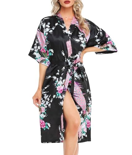 Image of Lovasy Kimono Dressing Gowns Satin Kimono Robe Peacock and Blossoms Silk Dressing Gown for Women UK Long Silk Bride and Bridesmaid Robes,Black,XXL