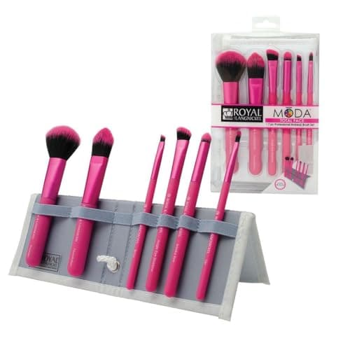 Image of MODA Royal & Langnickel Travel Size Total Face Makeup Brush Set with Pouch, Includes - Powder, Foundation, Angle Shader, Smoky Eye, Brow Liner and Pointed Lip Brushes, Pink