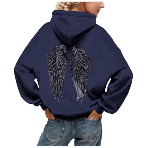 Image of Womens Sequin Angel Wings Hoodies Y2k Graphic Oversized Hooded Sweatshirt Long Sleeve Winter Clothing Navy
