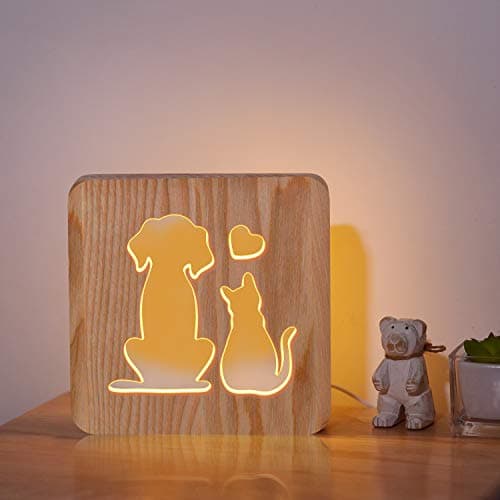 Image of CooPark Dog and Cat Love Bedside Lamp, 3D Optical Cute Animal LED Wood Night Light, Best Gift for Pet Lover Friends, Desk Table Sleep Light Children Room Decoration