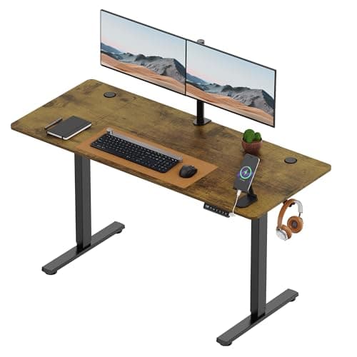 Image of VonHaus Electric Standing Desk, USB-C Charging Height Adjustable Sit Stand Desk with Anti-Collision, Height Preset Technology & Cable Management, Dark Wood Four Piece Desktop & Steel Frame, 140x60cm