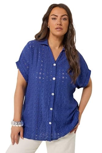 Image of Yours Curve Broderie Anglaise Grown-On Sleeve Shirt - Women's - Plus Size Curve Cobalt