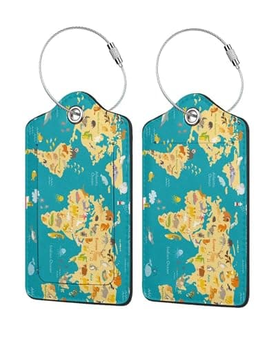 Image of 2 Pack World Map Luggage Tags, Travel Tags for Luggage with Stainless Steel Loop, Hidden ID Slot for Privacy Protection, Easy to Identify Travel Accessories Gift