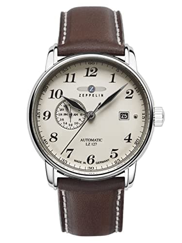 Image of Zeppelin Men's Watch with Leather Strap - LZ127 GRAF Series - Automatic - 24 Hours - Date 8668, White, Strap.