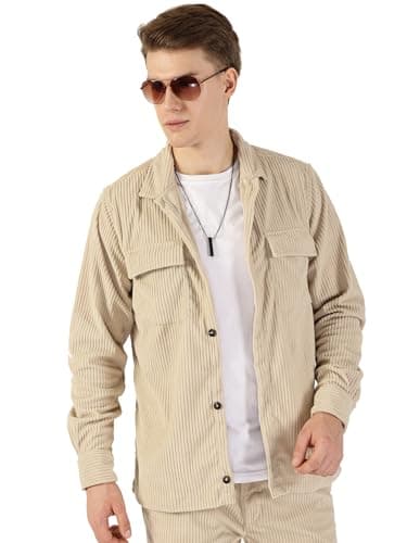 Image of Thomas Scott Mens | Corduroy | Full Sleeve | Oversized Fit | Cotton Polyester Blend | Wide Collar | Casual Shirt, light beige, L