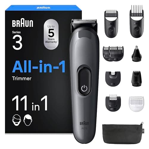 Image of Braun Series 3 All-in-One Trimmer for Men, AIO3565, Grey - 11-in-1 Beard, Face, Hair, Body & Nose Grooming Kit, Ultra Sharp Blade, 14 Length Settings, Washable Heads, 50 min Cordless Use