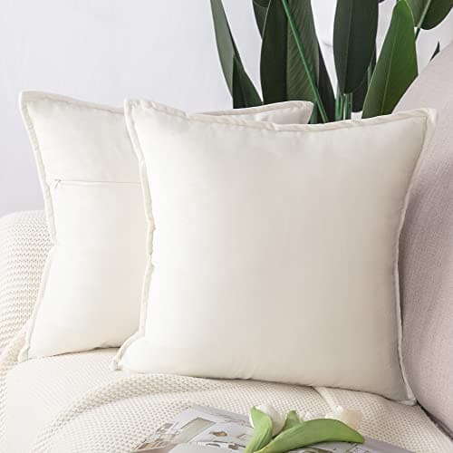 Image of Madizz Pack of 2 Super Soft Velvet Decorative Cushion Covers with Fringe Luxury Style Cushion Case Pillow Shell for Sofa Bedroom Square White 16x16 inch, 40x40 cm