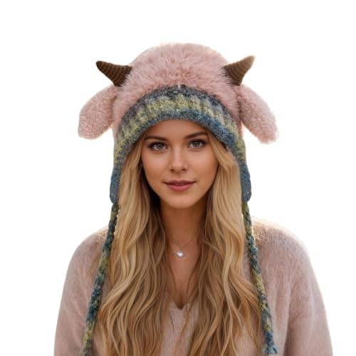 Image of Sheep Horn Beanie Hat for Women Girls, Cozy Cute Winter Warm Slouch Knit Hat Thicked Plush Lined with Ear Flaps, Windproof Snowproof Thermal Earflap Cap Outdoor Sport Ski for Christmas Pink