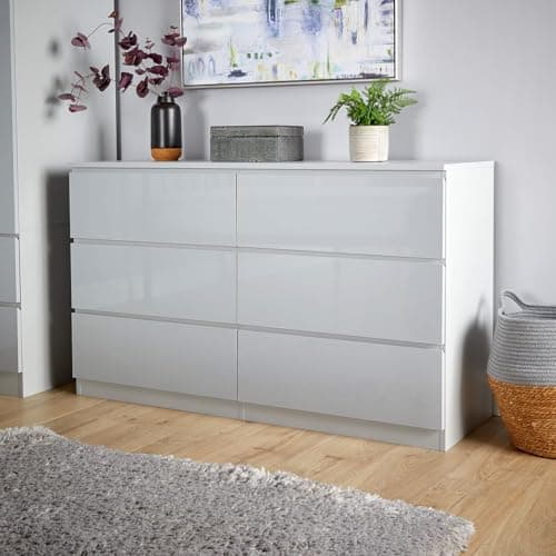 Image of Home Source Large 3+3 Chest of Drawers, High Gloss Front Compact Bedroom Cabinet, Spacious Wide Dresser Storage, 6 Drawer, Grey