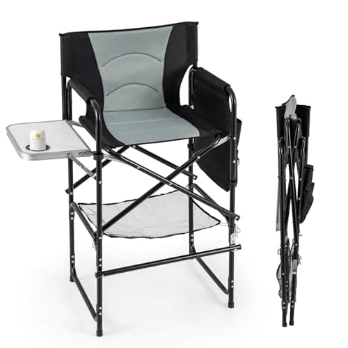 Image of SPOTRAVEL Portable Camping Chair, 78CM Seat Height Tall Directors Chair with Side Table and Storage Bag, Folding Makeup Artist Chairs for Camping Lawn Fishing (Black+Gray, with Footrest)