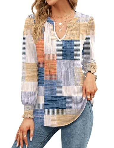Image of EFFAN Ladies Tops Long Sleeve V Neck Elegant Floaty Floral Printed The Holiday Shirt Casual Xmas Floaty Tunic Blouse, Colorful Plaid M (UK 12-14)